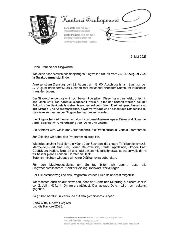 Swakopmund - Singwoche und Gemeindemusiktage 2023